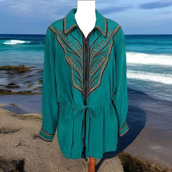 Bob Mackie Wearable Art Jacket 2X Silk Teal Green Embroidery Drawstring Waist - Picture 1 of 16
